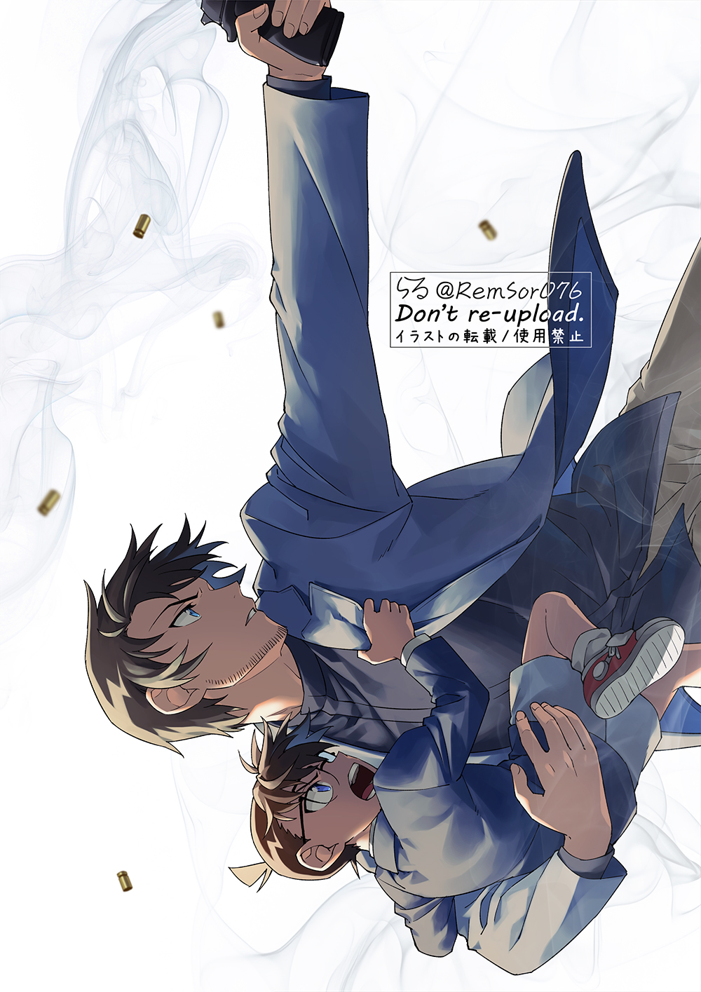 2boys, aiming, black_shirt, blazer, blue_eyes, blue_jacket, blurry, brown_hair