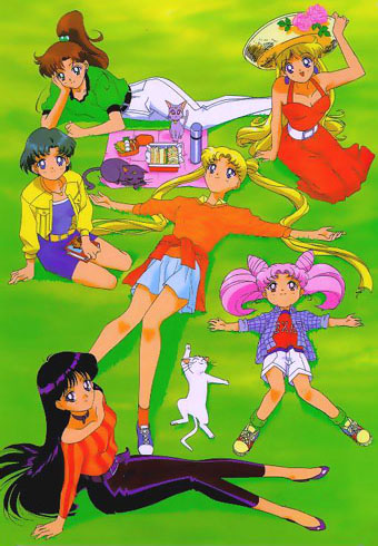 aino_minako, armshelf, artemis_(sailor_moon), bishoujo_senshi_sailor_moon, chibi_usa, denim_jacket, diana_(sailor_moon), flannel_shirt, food, grass, hair_bobbles, happy, hat, hino_rei, kino_makoto, laying, luna_(sailor_moon), mizuno_ami, picnic, smile, tsukino_usagi