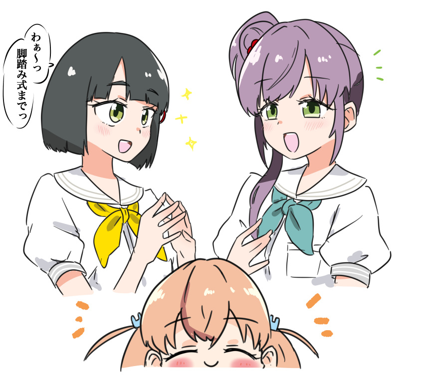 3girls, :d, ^_^, absurdres, aqua_neckerchief, black_hair, blunt_bangs, blunt_ends