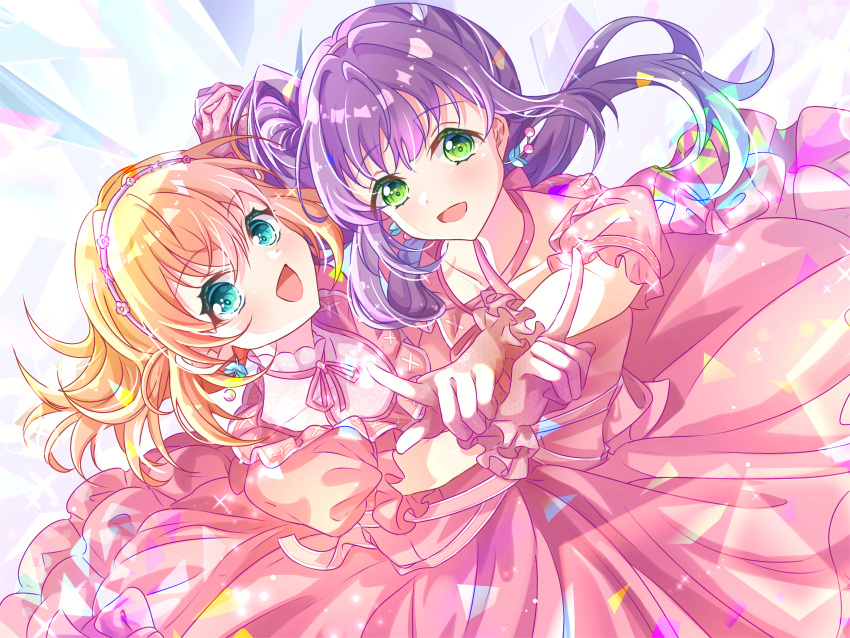 2girls, :d, absurdres, aqua_eyes, cerise_bouquet, commentary_request, criss-cross_halter, crossed_bangs