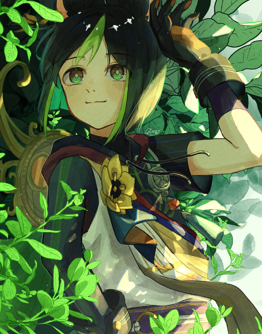 1boy, absurdres, animal_ears, black_gloves, black_hair, flower_brooch, fox_boy, fox_ears