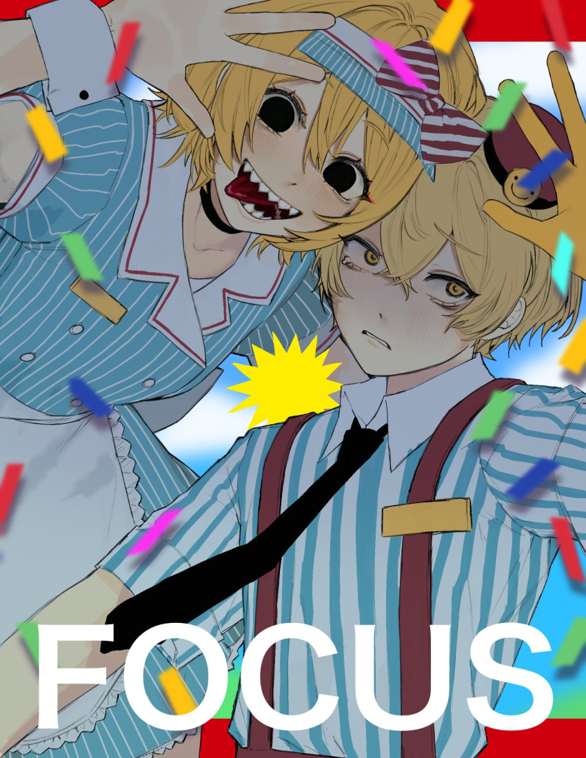 1boy, 1girl, alternate_costume, black_eyes, black_necktie, blonde_hair, closed_mouth, collared_dress
