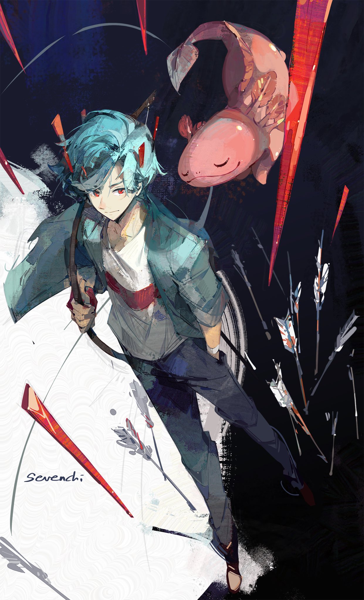 1boy, animal, arrow_(projectile), axolotl, blue_hair, bow_(weapon), closed_mouth, commentary