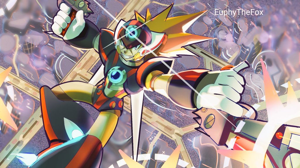 1boy, android, armor, artist_name, axl_(mega_man), black_armor, black_helmet, brown_hair, chest_jewel, dual_wielding, euphythefox, firing, forehead_jewel, gun, helmet, holding, holding_gun, holding_weapon, long_hair, male_focus, mega_man_(series), mega_man_x_(series), shoulder_armor, smirk, solo, spiky_hair, teeth, weapon