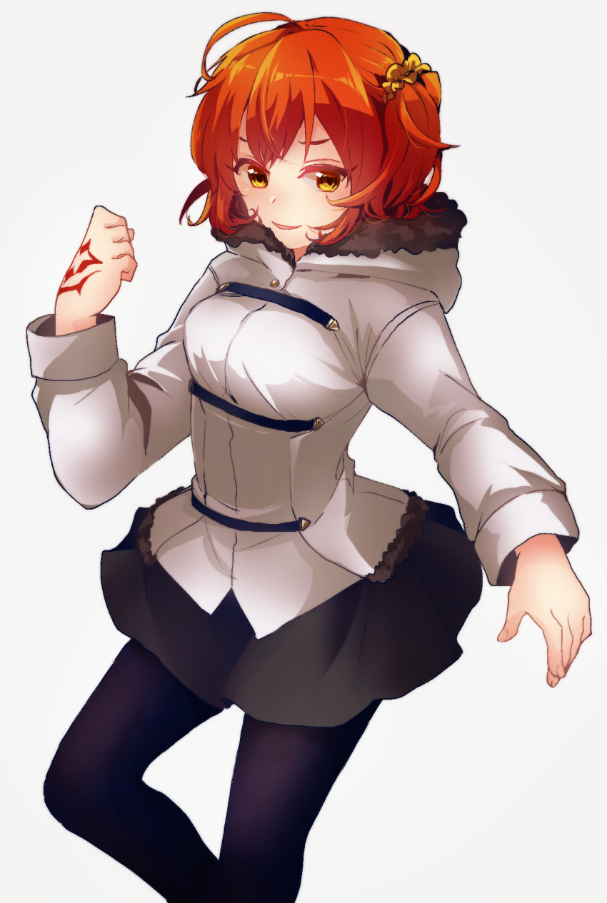 1girl, black_pantyhose, black_skirt, breasts, chaldea_uniform, coat, command_spell, cowboy_shot