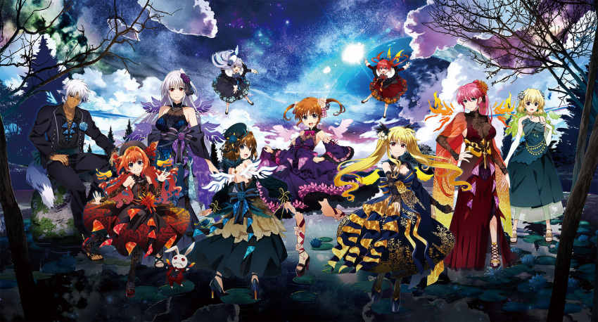 1boy, 6+girls, agito_(nanoha), bare_tree, blonde_hair, blue_wings, brown_hair, clouds, detached_wings, dress, evening_gown, fantasy, fate_testarossa, green_wings, grey_hair, highres, in-franchise_crossover, kawakami_shuuichi, lotus_leaf, lyrical_nanoha, lyrical_store, mini_person, minigirl, multicolored_clothes, multicolored_dress, multiple_girls, night, night_sky, noroi_usagi, official_alternate_costume, official_art, orange_wings, pink_hair, pink_wings, purple_wings, redhead, reinforce, reinforce_zwei, shamal, signum, sky, takamachi_nanoha, tree, twintails, vita_(nanoha), white_hair, white_wings, wings, yagami_hayate, yellow_wings, zafira