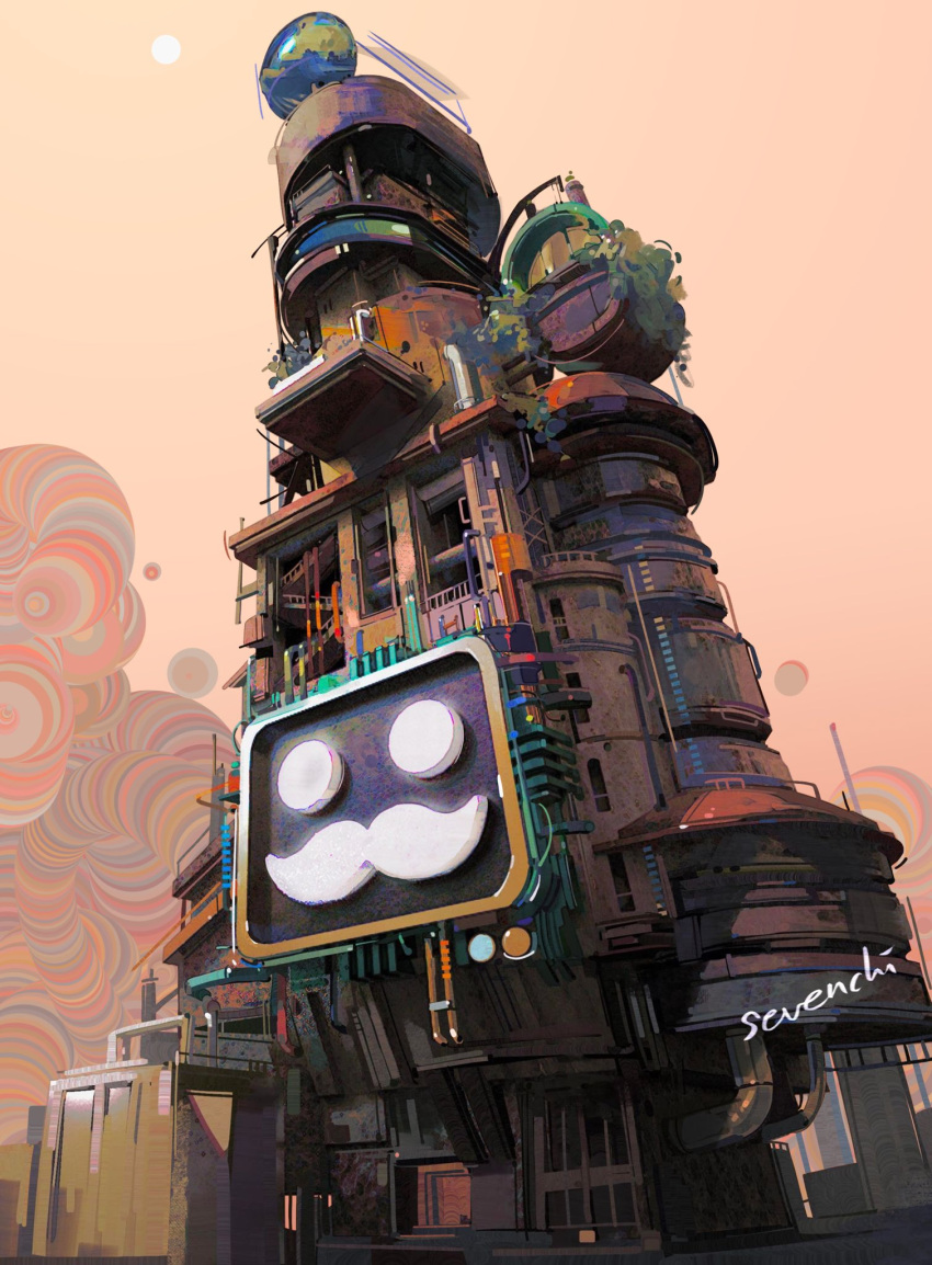 architecture, building, commentary, empires_smp, english_commentary, facial_hair, globe, hermitcraft, highres, in-universe_location, minecraft_youtube, mumbo_jumbo_(youtuber), mustache, no_humans, outdoors, painterly, plant, scenery, sevenchi, signature, sky, sun