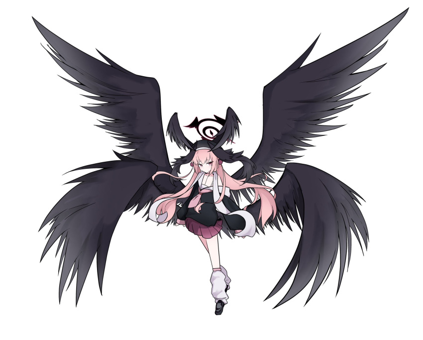 1girl, angel_wings, baggy_clothes, baggy_socks, black_footwear, black_halo, black_wings, blue_archive, check_commentary, commentary, commentary_request, feathered_wings, gabriel_automatic_subtitle_manual_bot, halo, head_wings, highres, koharu_(blue_archive), long_hair, miniskirt, pink_eyes, pink_hair, pleated_skirt, school_uniform, serafuku, simple_background, skirt, solo, twintails, very_long_hair, white_background, wings