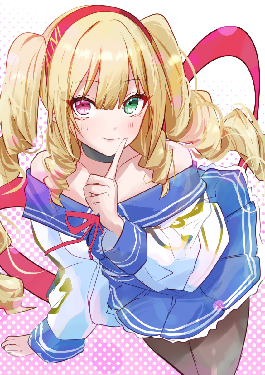 1girl, assault_lily, bare_shoulders, black_choker, blonde_hair, blue_shirt, blue_sky, blunt_bangs
