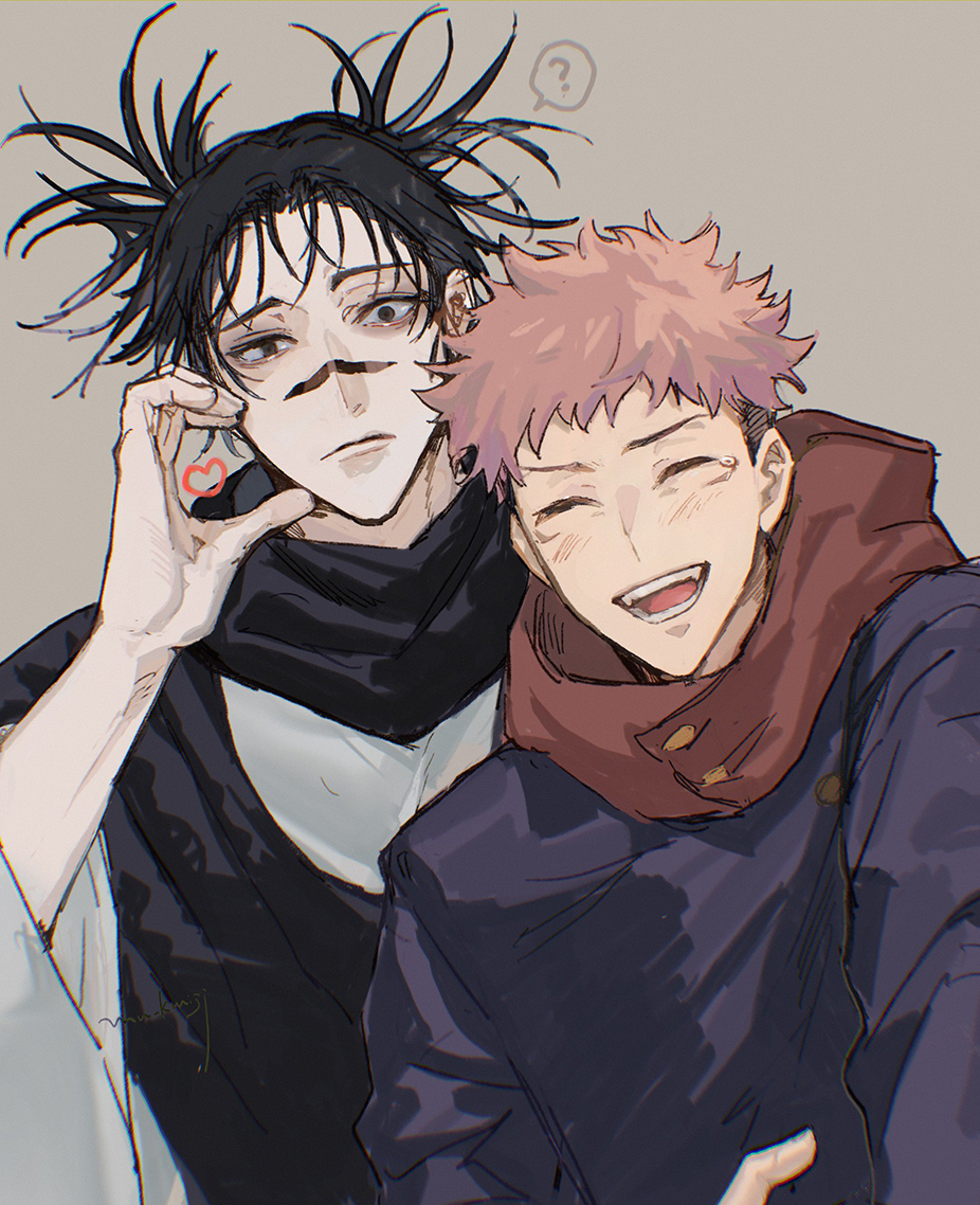 2boys, ?, black_eyes, black_hair, brothers, brown_background, choso_(jujutsu_kaisen), closed_mouth, double_bun, facial_mark, hair_bun, happy_tears, heart, heart_hands_failure, itadori_yuuji, jujutsu_kaisen, light_blush, male_focus, mu_kmijj, multiple_boys, open_mouth, pink_hair, robe, short_hair, siblings, simple_background, smile, spiky_hair, spoken_question_mark, tears, teeth, upper_body, white_robe