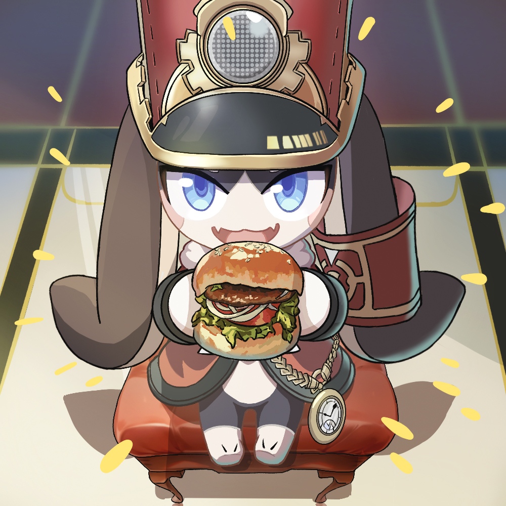 1other, animal_ears, beef, blue_eyes, burger, chair, coat, coattails, commentary_request, ear_ornament, ears_down, facing_viewer, fangs, food, full_body, guoranchi, hat, holding, holding_burger, holding_food, honkai:_star_rail, honkai_(series), indoors, jacket, lettuce, long_sleeves, looking_at_viewer, onion, open_mouth, pom-pom_(honkai:_star_rail), red_coat, red_hat, red_jacket, shadow, sitting, skin_fangs, stopwatch, tomato