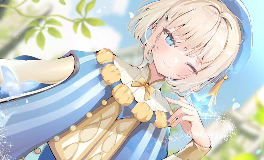 1girl, ;), afk_journey, animal, animal_on_hand, beret, blue_eyes, blue_hat