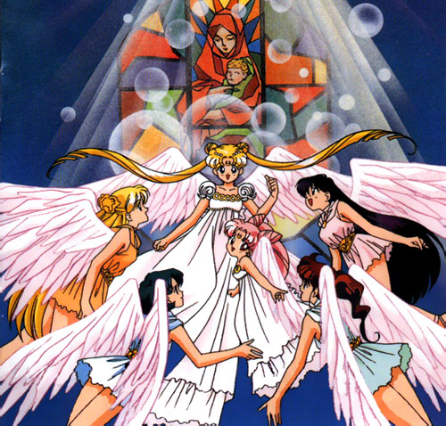 aino_minako, angel, angels, bishoujo_senshi_sailor_moon, bubbles, chibi_usa, church, hino_rei, kino_makoto, mizuno_ami, princess_serenity, stained_glass, tsukino_usagi, wings