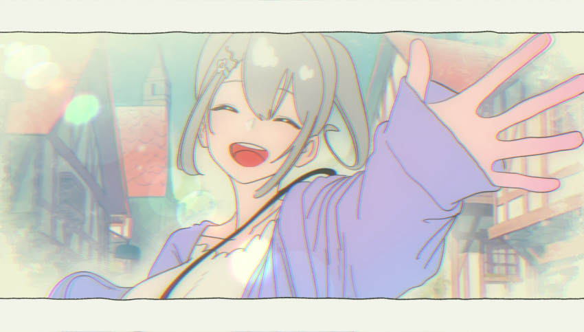 1girl, :d, ^_^, alternate_costume, alternate_hairstyle, blurry, blurry_background, breasts