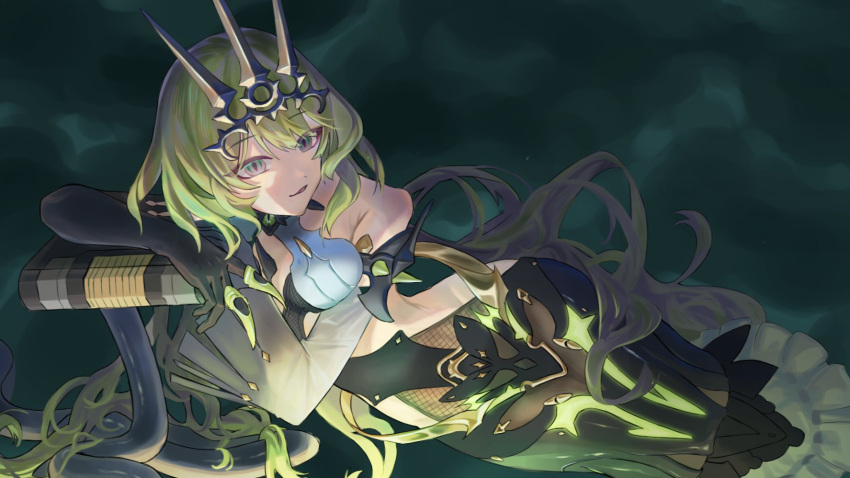 1girl, bare_shoulders, black_dress, black_tiara, breasts, claw_ring, clothing_cutout, commentary, crown, dress, duoyun_de_tiankong, feet_out_of_frame, green_eyes, green_hair, highres, honkai_(series), honkai_impact_3rd, leaning_on_object, long_hair, looking_at_viewer, lying, mobius_(honkai_impact), on_side, open_mouth, side_cutout, slit_pupils, smile, solo, tiara, very_long_hair, wavy_hair
