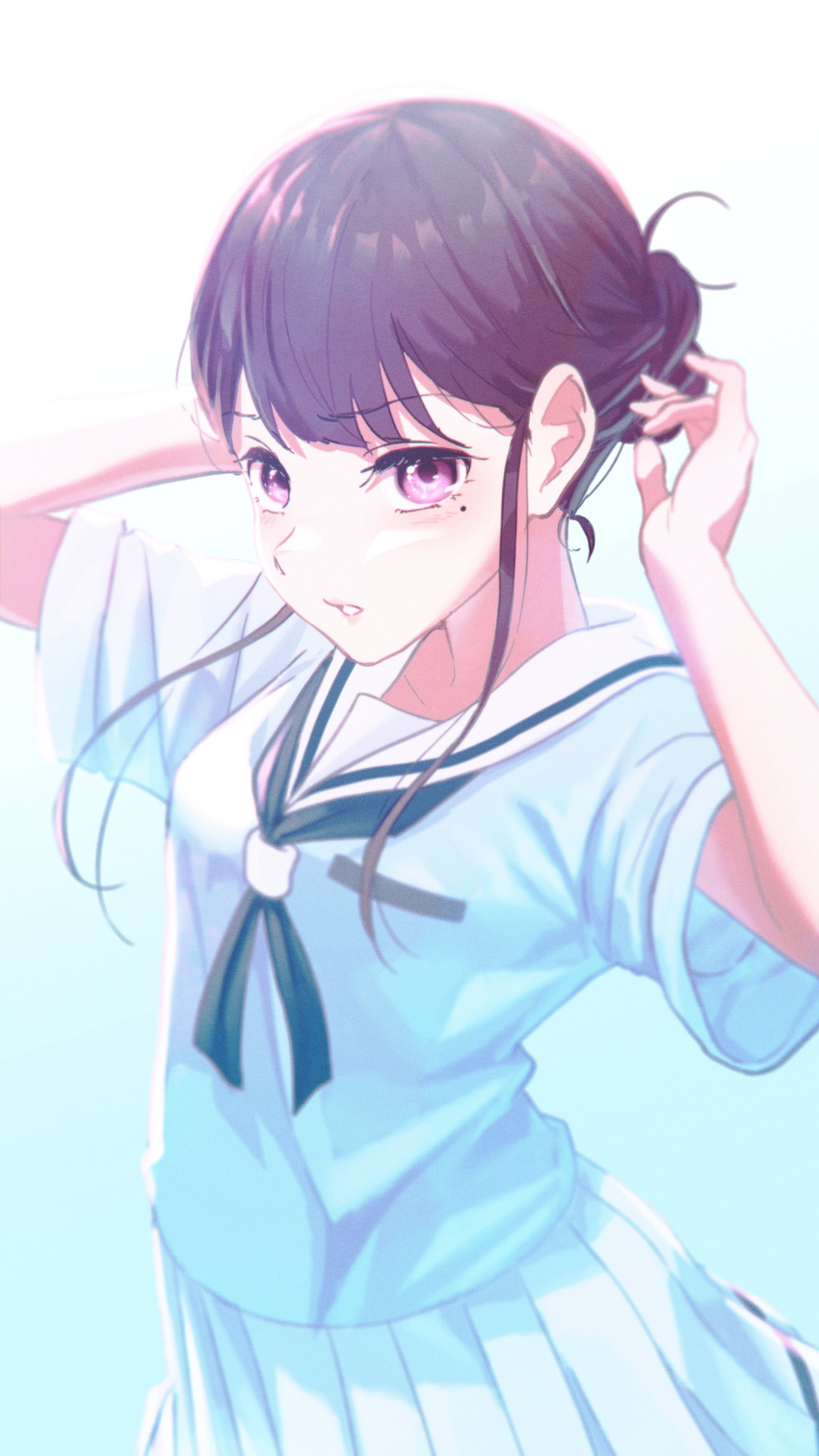 1girl, absurdres, alternate_hairstyle, bang_dream!, bang_dream!_it's_mygo!!!!!, blue_neckerchief, blue_shirt, blush