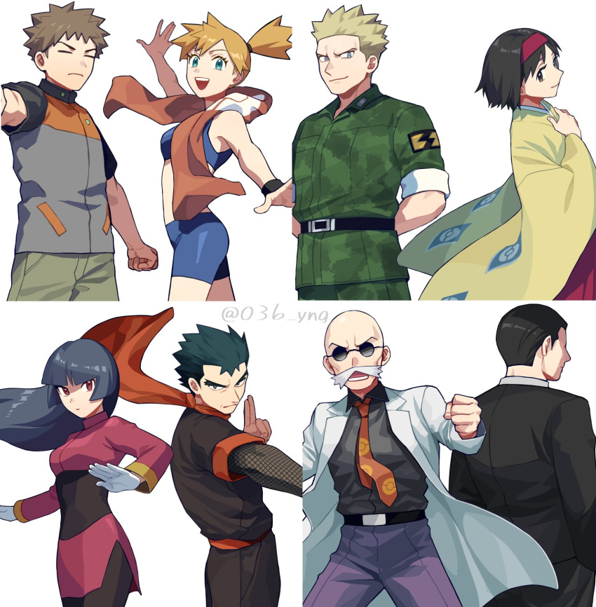 3girls, 5boys, :d, bike_shorts, black_hair, black_shirt, black_suit, blaine_(pokemon)