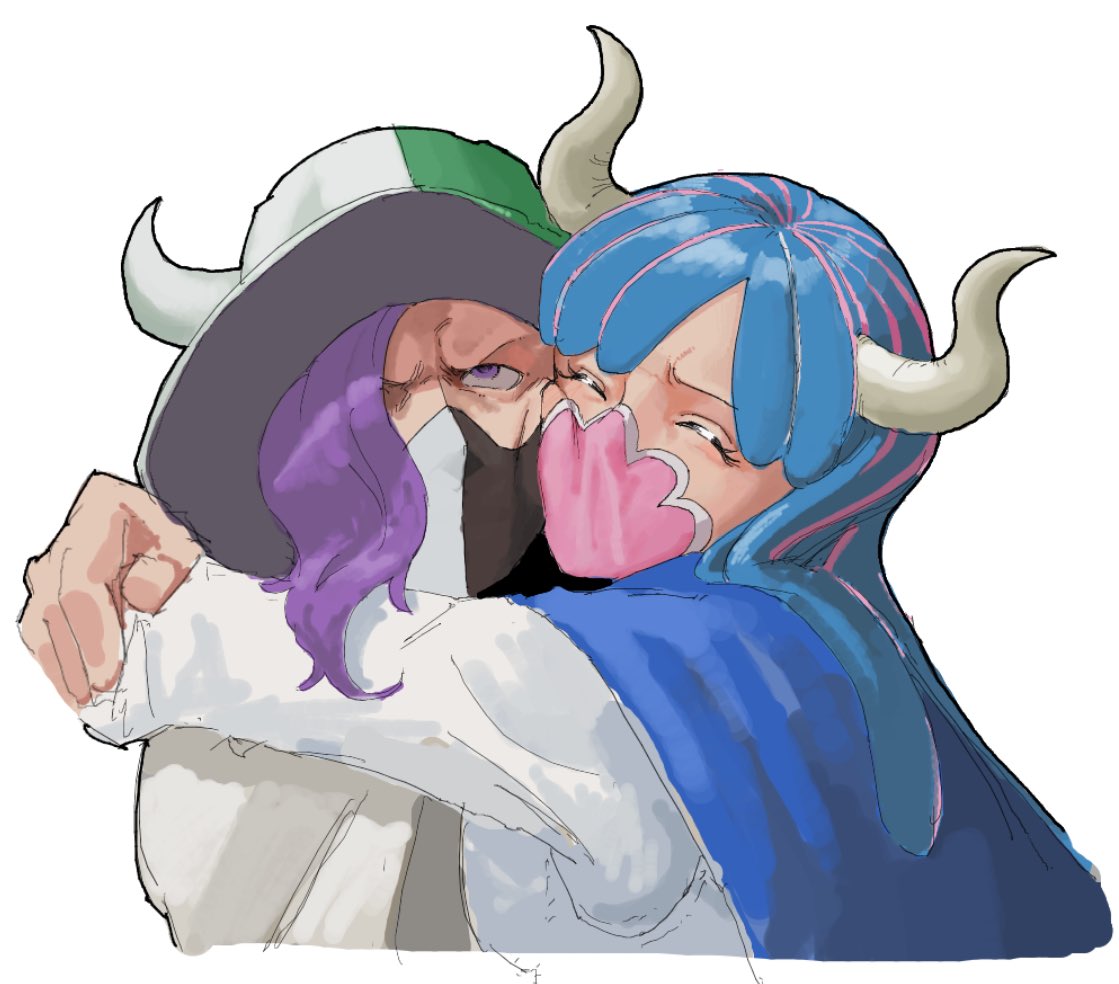 1boy, 1girl, blue_hair, brother_and_sister, cheek-to-cheek, closed_eyes, curved_horns, green_hat
