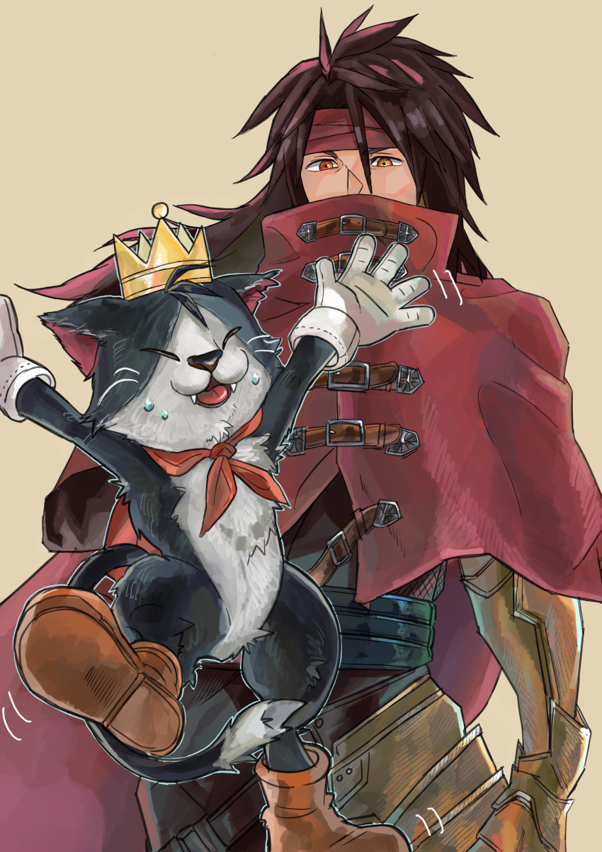 1boy, absurdres, armor, black_fur, black_hair, black_pants, boots, brown_background