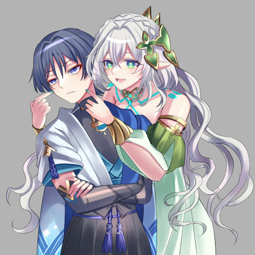 1boy, 1girl, aged_up, alternate_hair_length, alternate_hairstyle, arm_cutout, armlet, armor