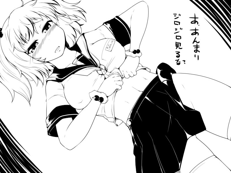 blush, breasts, dutch_angle, hair_bobbles, hair_ornament, kotatsu_(artist), large_breasts, midriff