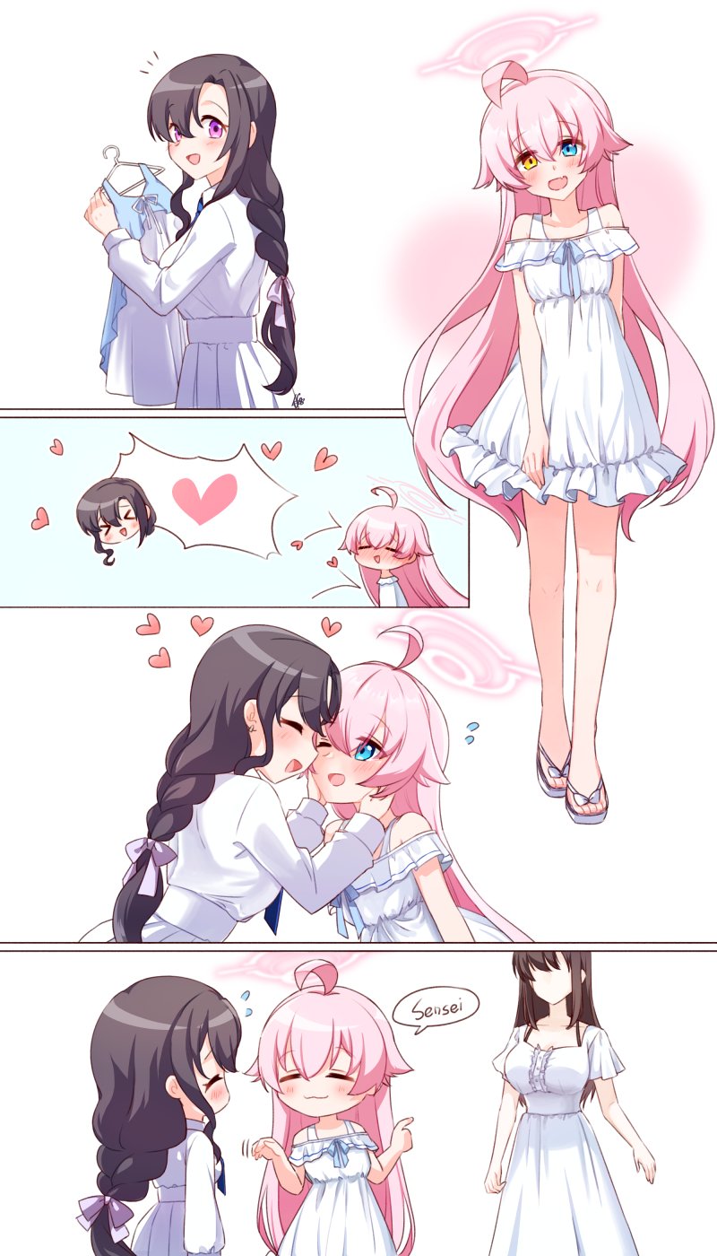 >_<, 2girls, ahoge, bare_shoulders, black_hair, blue_archive, blue_eyes, breasts