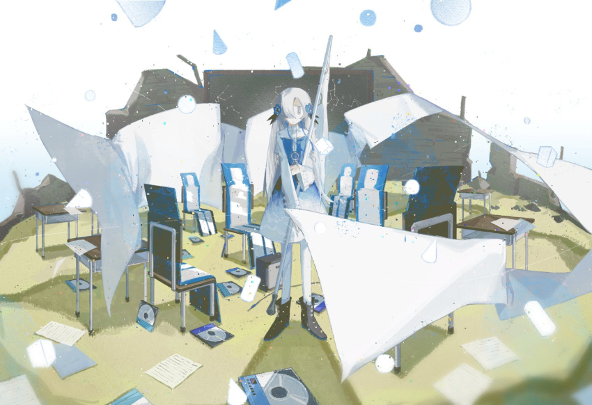 1girl, blue_flower, boots, chair, commentary_request, dress, expressionless, flag, flower, full_body, grey_eyes, hair_flower, hair_ornament, hair_over_one_eye, highres, holding, holding_flag, indoors, isekaijoucho, kamitsubaki_studio, long_hair, looking_at_viewer, ninegris, pantyhose, paper, record, solo, virtual_youtuber, white_dress, white_hair, white_pantyhose
