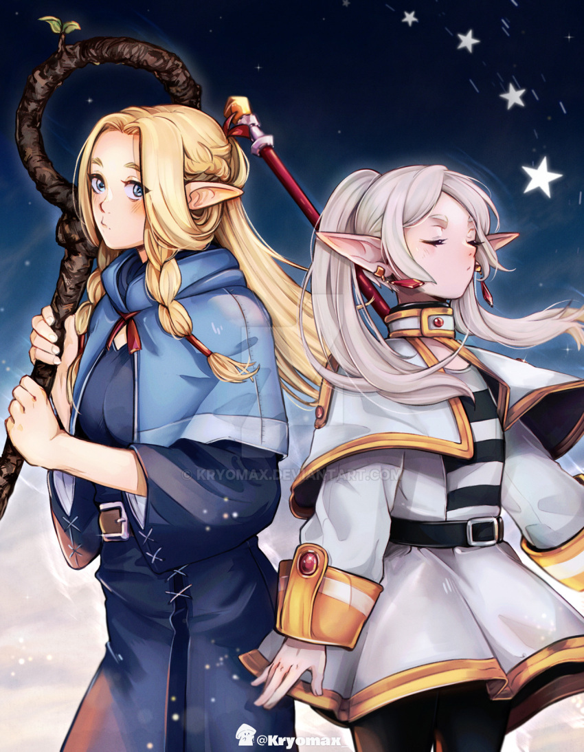 2girls, ambrosia_(dungeon_meshi), artist_name, black_pantyhose, blonde_hair, blue_dress, blue_eyes, closed_eyes