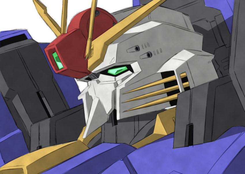 absurdres, barrel, commentary_request, ex-s_gundam, fujiwara_yuuzou, green_eyes, gun, gundam, gundam_sentinel, highres, incom_(gundam), machine_gun, machinery, mecha, mecha_focus, mobile_suit, no_humans, portrait, robot, science_fiction, sketch, upper_body, v-fin, weapon, white_background