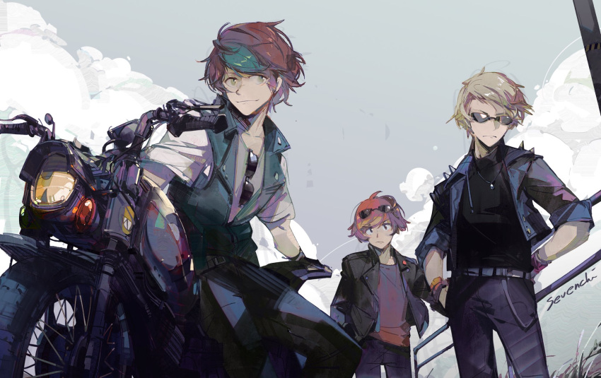 3boys, animification, black_jacket, blonde_hair, brown_hair, clouds, commentary, english_commentary