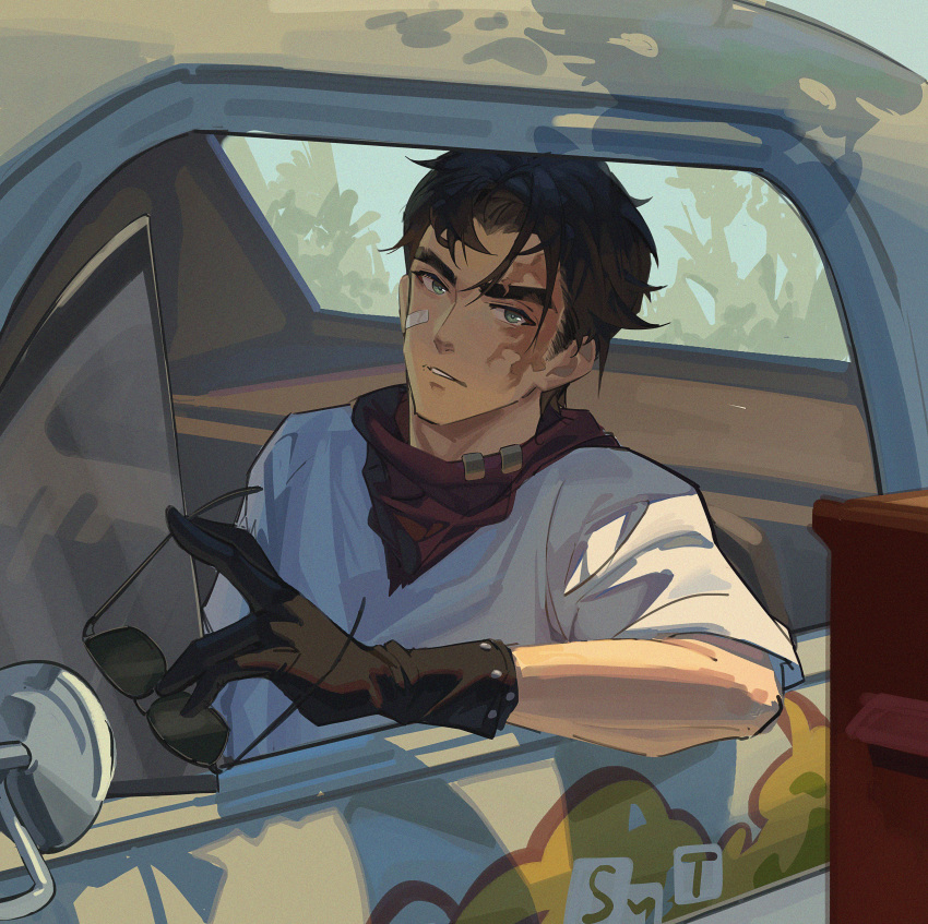 1boy, absurdres, bandaid, bandaid_on_face, black_gloves, black_hair, black_neckerchief, blue_eyes