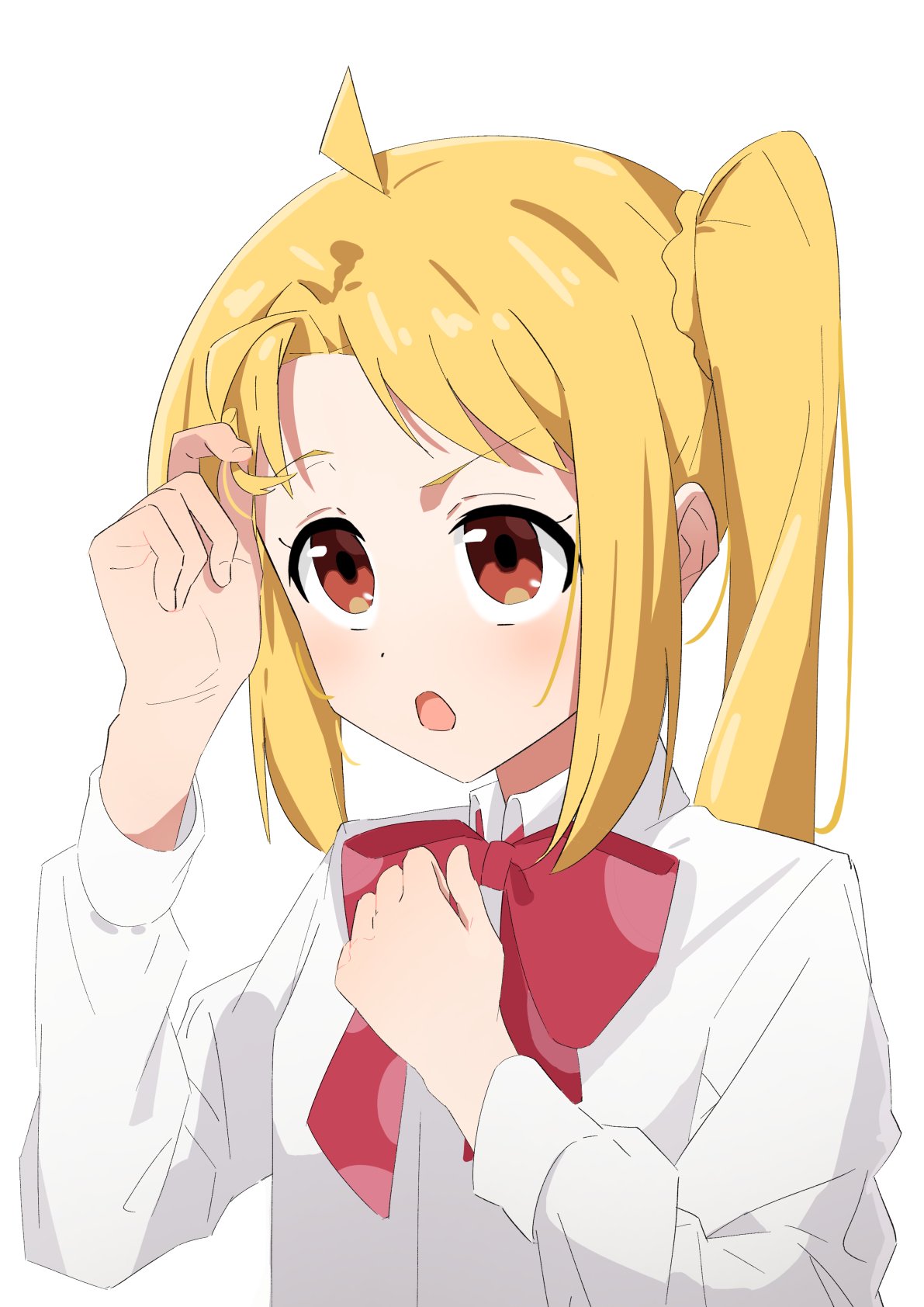 1girl, adjusting_hair, ahoge, blonde_hair, bocchi_the_rock!, bow, bowtie, breasts