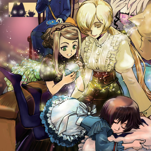 aizawa_mila, apron, bangs, belt, blonde_hair, brown_hair, closed_eyes, dress, dress_shirt, elysia_wentworth, eyes_closed, green_eyes, hair_over_one_eye, katrijn, katrijn_(shiei_no_sona-nyl), lily_(shiei_no_sona-nyl), long_hair, lowres, lying, pantyhose, parted_bangs, payot, pillow, ponytail, shiei_no_sona-nyl, shirt, short_hair, sleeping, uniform, yellow_eyes