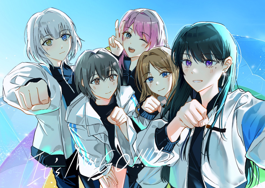 5girls, bang_dream!, bang_dream!_it's_mygo!!!!!, black_hair, black_pants, black_shirt, blue_eyes, blush