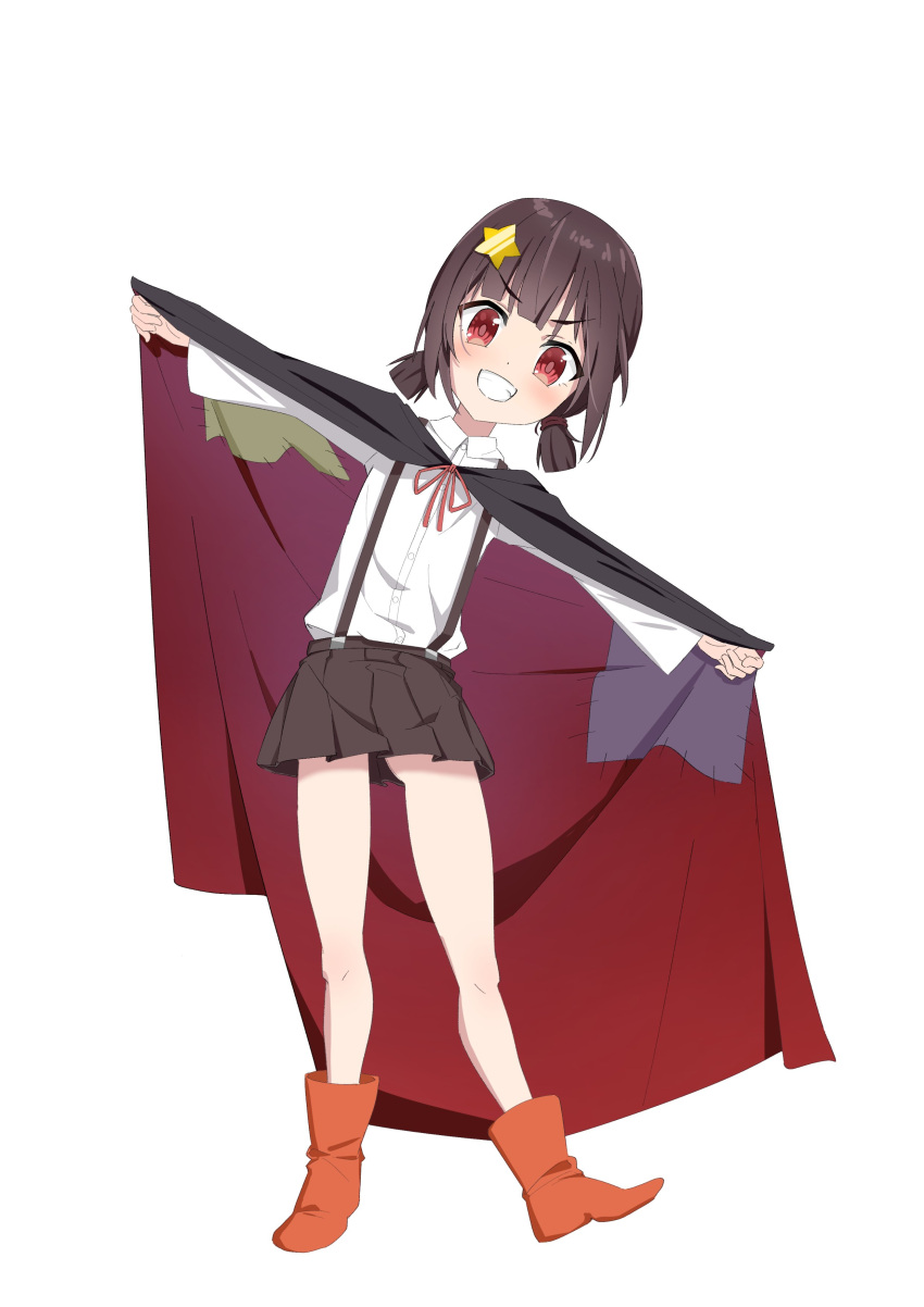 1girl, absurdres, blush, boots, brown_hair, brown_skirt, cape, collared_shirt