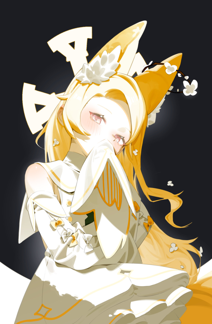 1girl, animal_ear_fluff, animal_ears, blonde_hair, blue_archive, blush, bow, covering_own_mouth