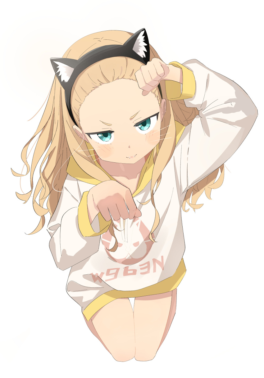 1girl, absurdres, animal_ears, black_hairband, blonde_hair, blue_eyes, blush, cat_ears