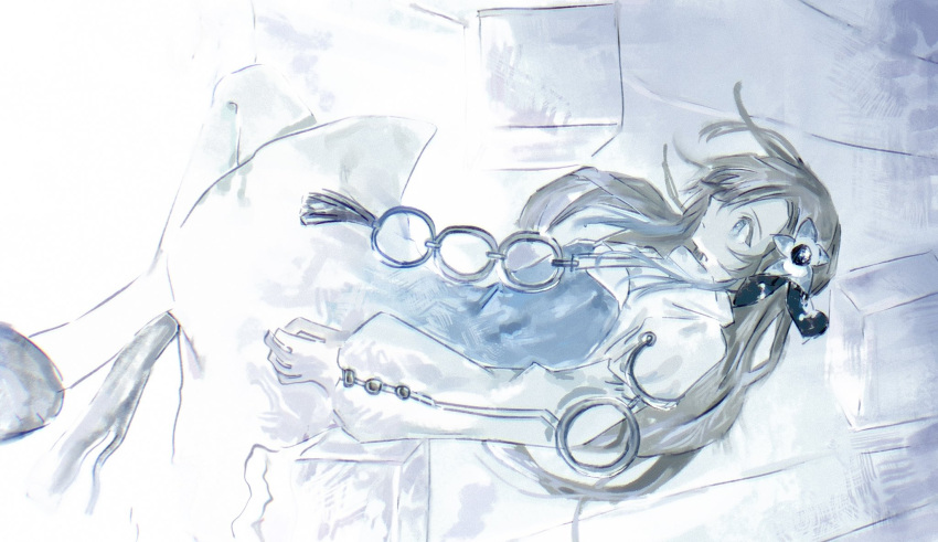 1girl, blue_eyes, blue_hair, dress, expressionless, flower, grey_hair, hair_flower, hair_ornament, hair_over_one_eye, highres, isekaijoucho, kamitsubaki_studio, kanda_kou_(kani_yakiniku), long_hair, looking_to_the_side, multicolored_hair, sketch, solo, two-tone_hair, virtual_youtuber