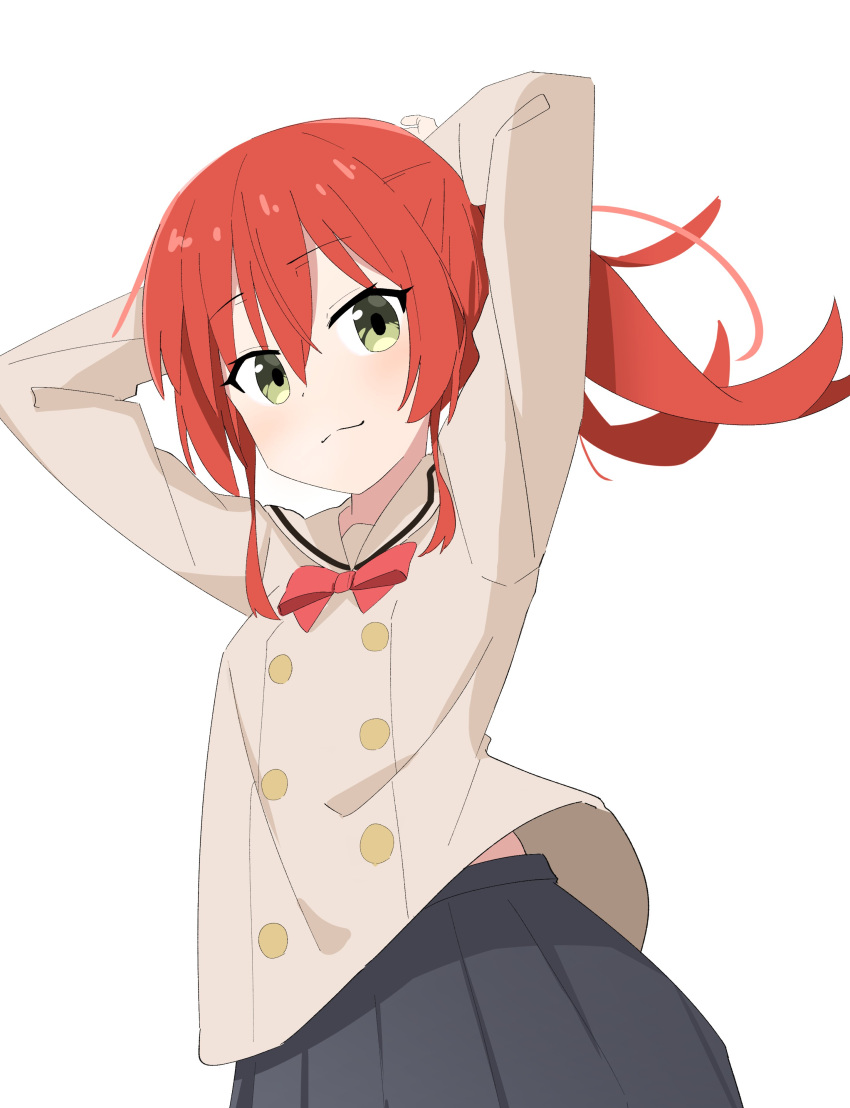 1girl, :3, absurdres, adjusting_hair, arms_behind_head, black_skirt, bocchi_the_rock!, bow