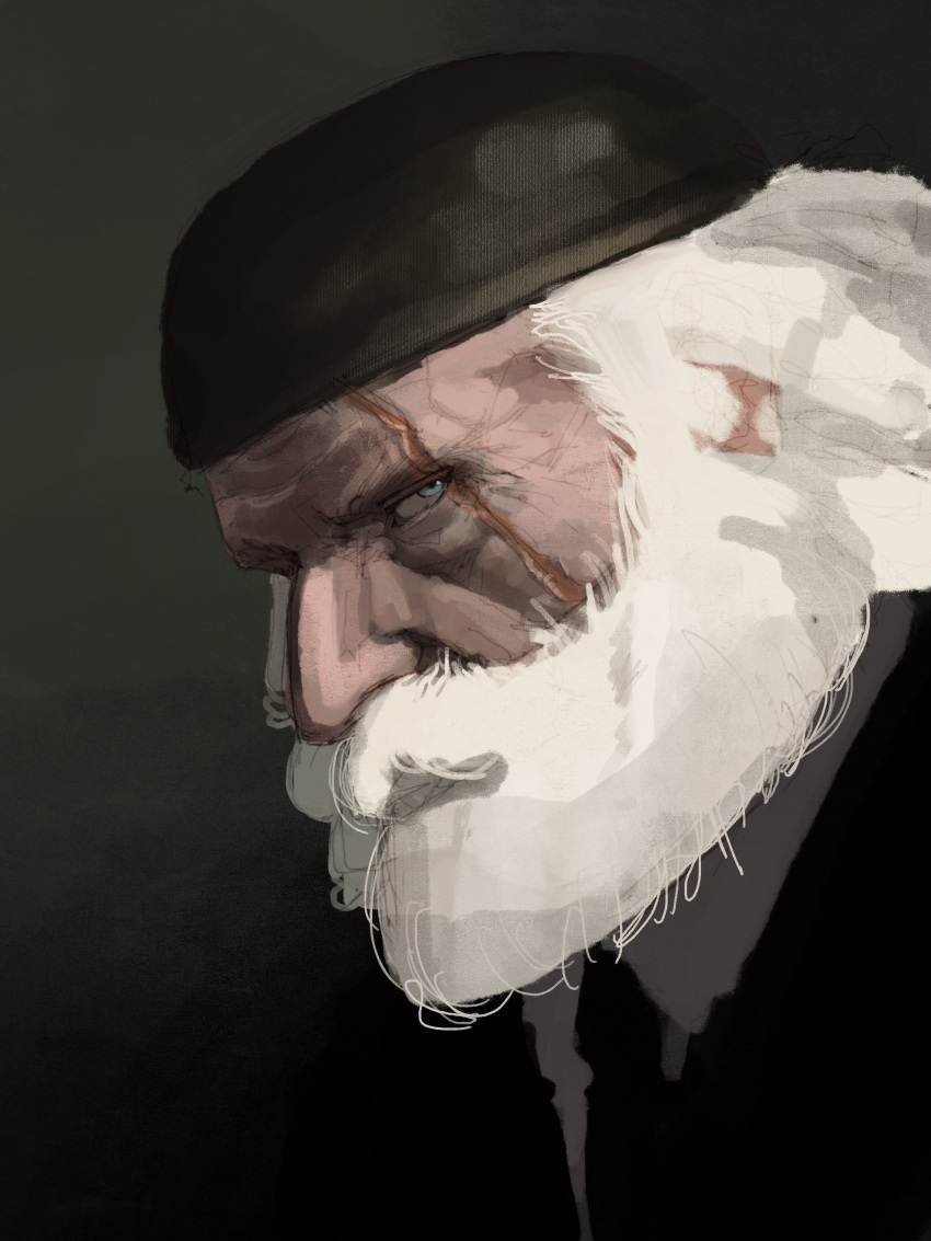 1boy, absurdres, beard, black_hat, black_necktie, black_suit, blue_eyes, collared_shirt
