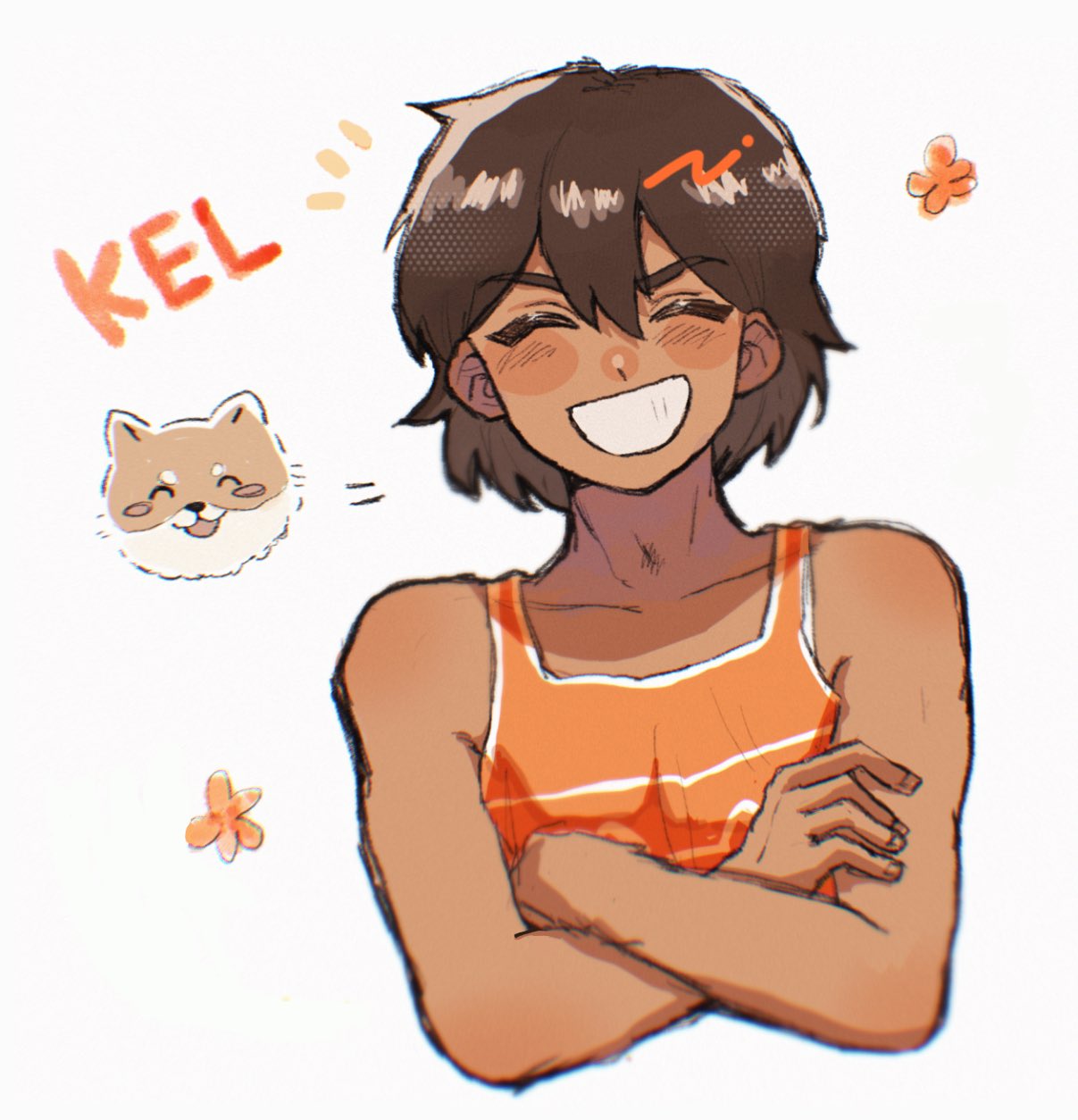 1boy, brown_hair, character_name, closed_eyes, collarbone, crossed_arms, dark-skinned_male, dark_skin