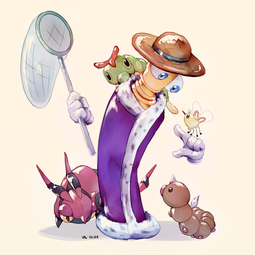 1boy, 2023, 4others, blorbosinmyheadcentral, blue_eyes, brown_hat, butterfly_net, caterpie