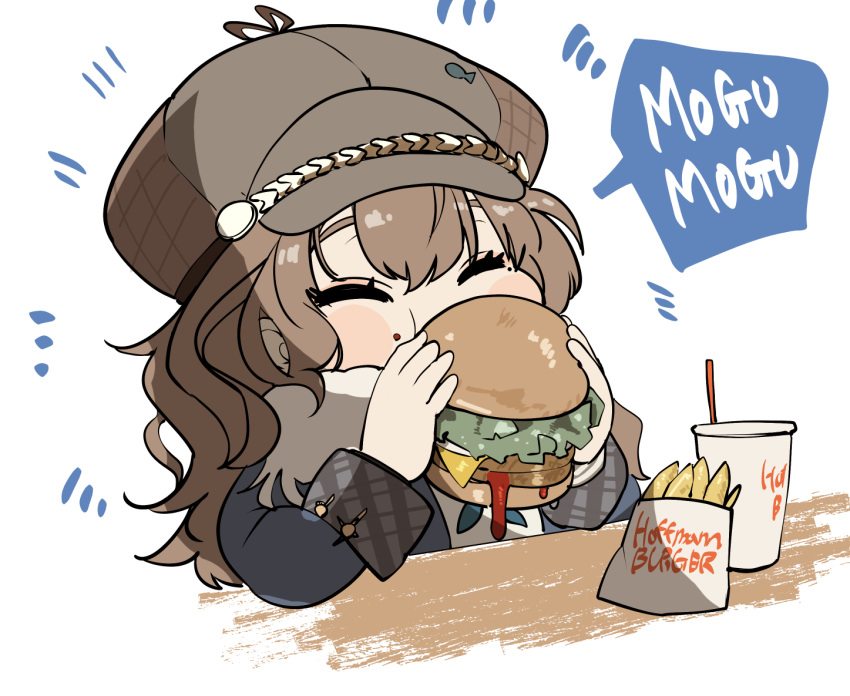 1girl, blue_coat, brown_hair, burger, cabbie_hat, chibi, closed_eyes, coat