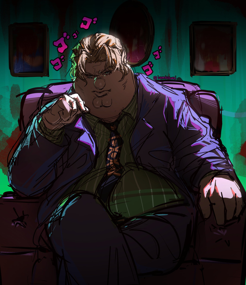 1boy, absurdres, blonde_hair, blue_eyes, chair, cleft_chin, cosplay, diamond_wa_kudakenai