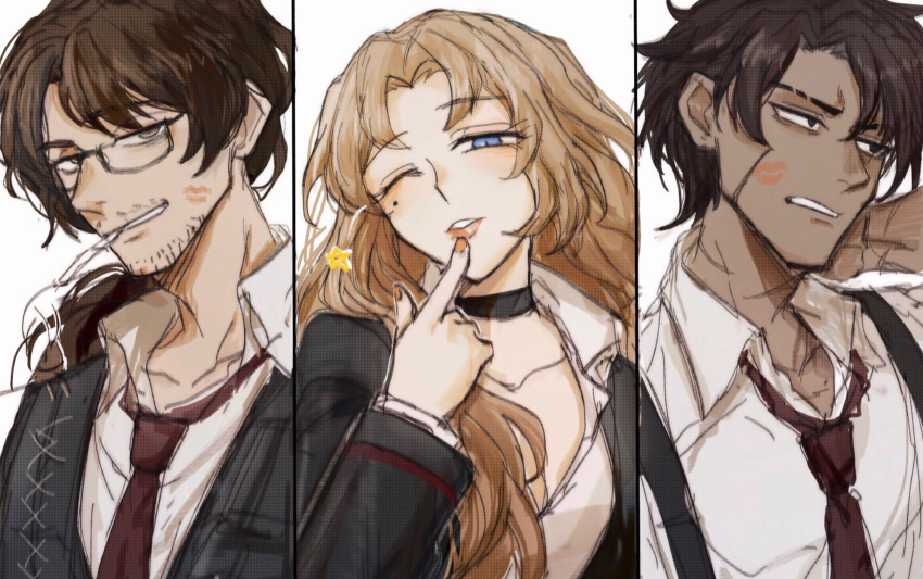 1girl, 2boys, averting_eyes, bags_under_eyes, beard_stubble, black_choker, black_coat, black_eyes