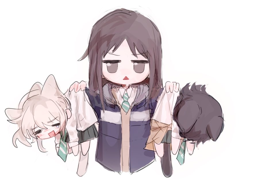 3girls, =_=, articularm, black_skirt, blush, brown_cardigan, brown_eyes, brown_hair
