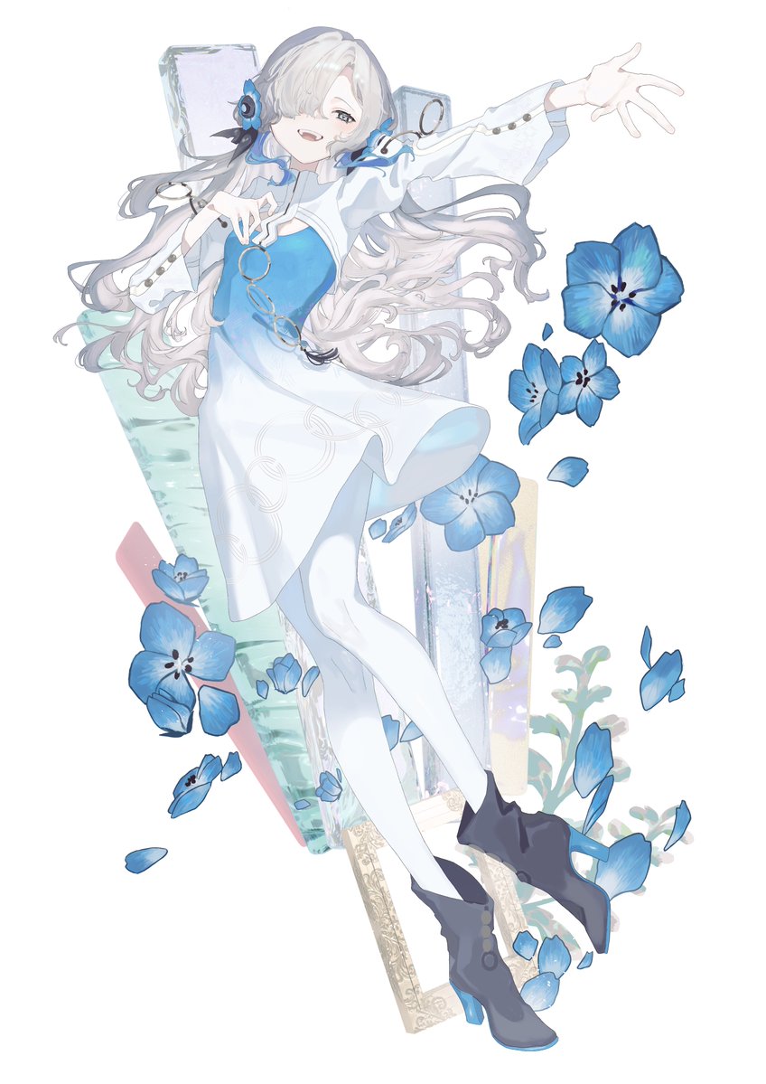 1girl, blue_flower, blue_hair, blush, boots, flower, grey_hair, hair_flower