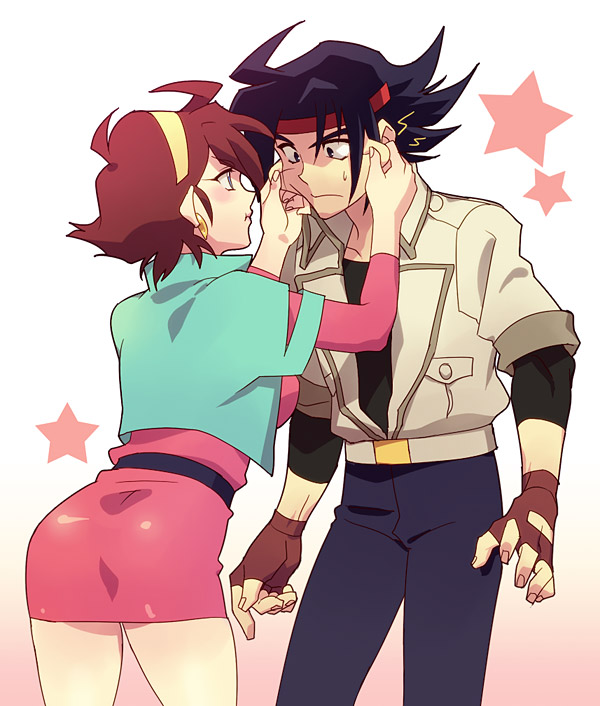 1girl, black_hair, brown_hair, cheek_pinch, cheek_pinching, couple, domon_kasshu, fingerless_gloves