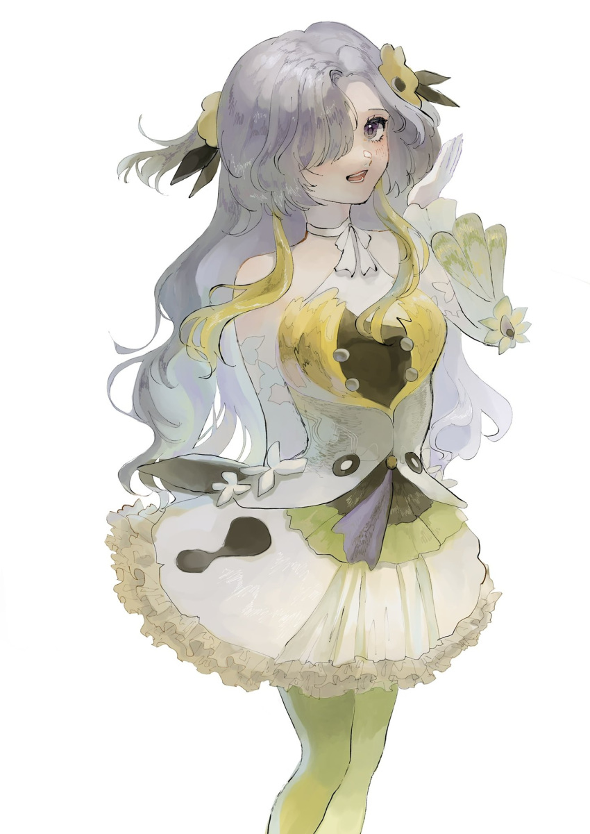 1girl, bare_shoulders, blonde_hair, blush, detached_sleeves, dress, flower, gloves, green_pantyhose, grey_eyes, grey_hair, hair_flower, hair_ornament, hair_over_one_eye, highres, isekaijoucho, kamitsubaki_studio, komari_(kmr_tbk), long_hair, looking_at_viewer, multicolored_hair, open_mouth, pantyhose, simple_background, smile, solo, two-tone_hair, virtual_youtuber, white_background