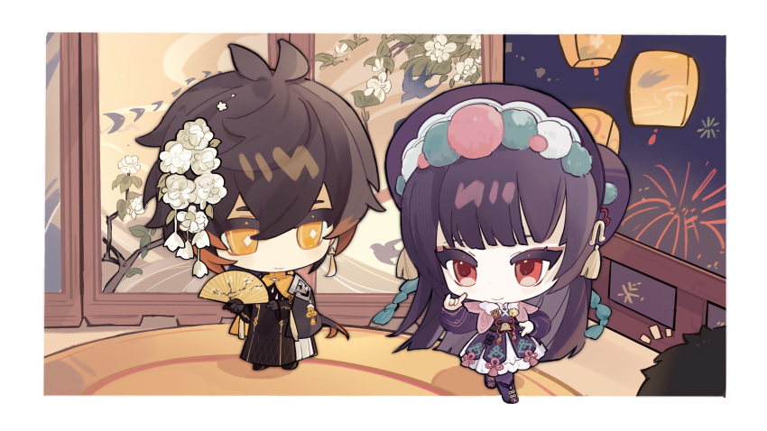 1boy, 1girl, absurdres, black_corset, black_hair, blunt_bangs, bonnet, brown_hair